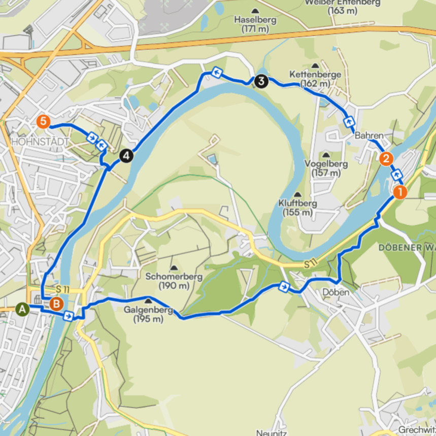 Komoot map view of the Grimma area showing the walking route and nearby roads and paths
