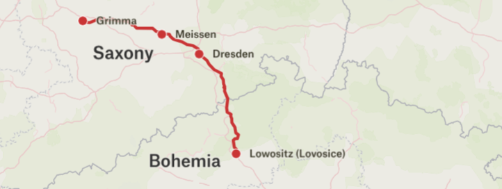 Grimma to Lowositz map