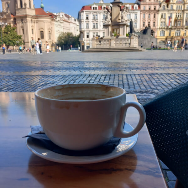 Coffee near the Jan Hus memorial in Prague