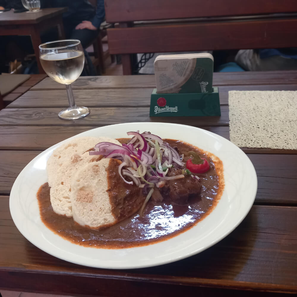 Lunch in Prague with a glass of white wine
